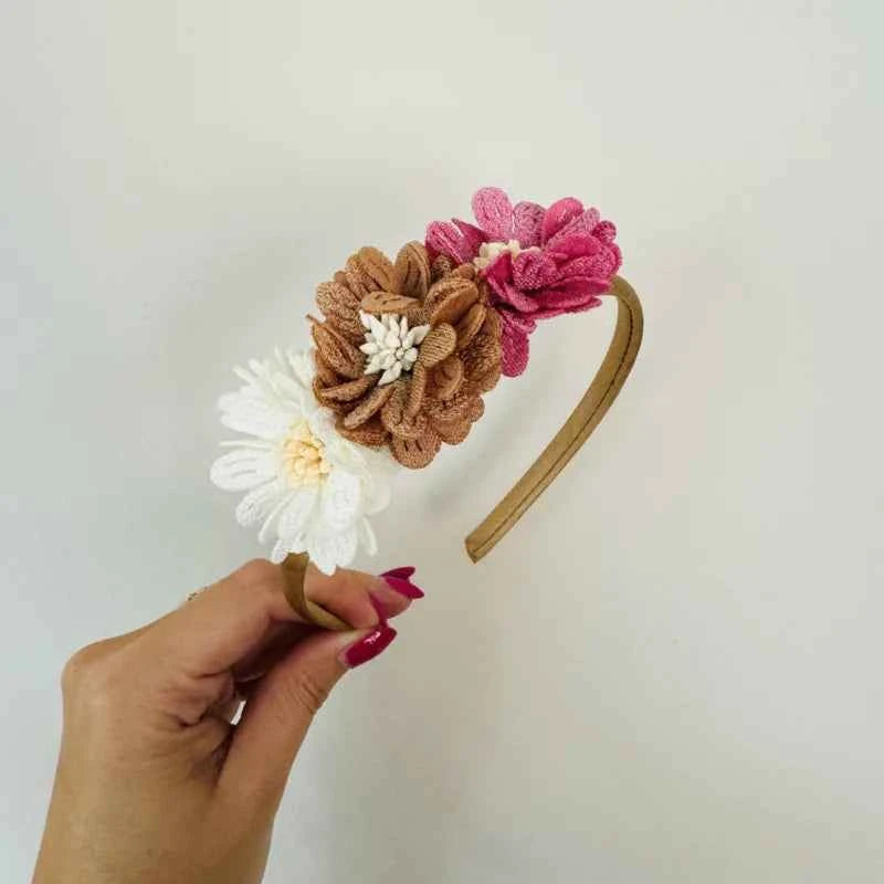 Haarband - Bloemen Roze/Bruin/Wit